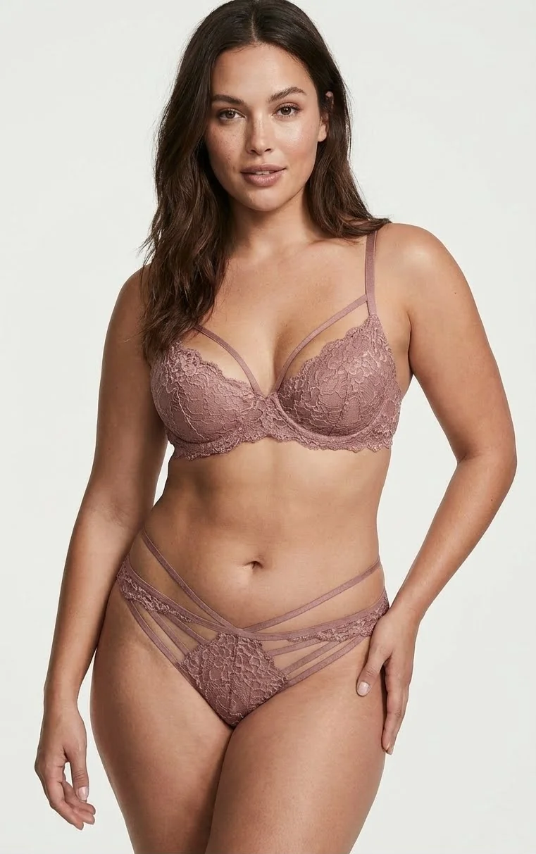 Önü Çoklu Bantlı (Strappy) Dantel Tanga Dusty Rose - Kafes Görünümlü ve İpli Model - İpli Model Tasarım Detayı - LunaIntim